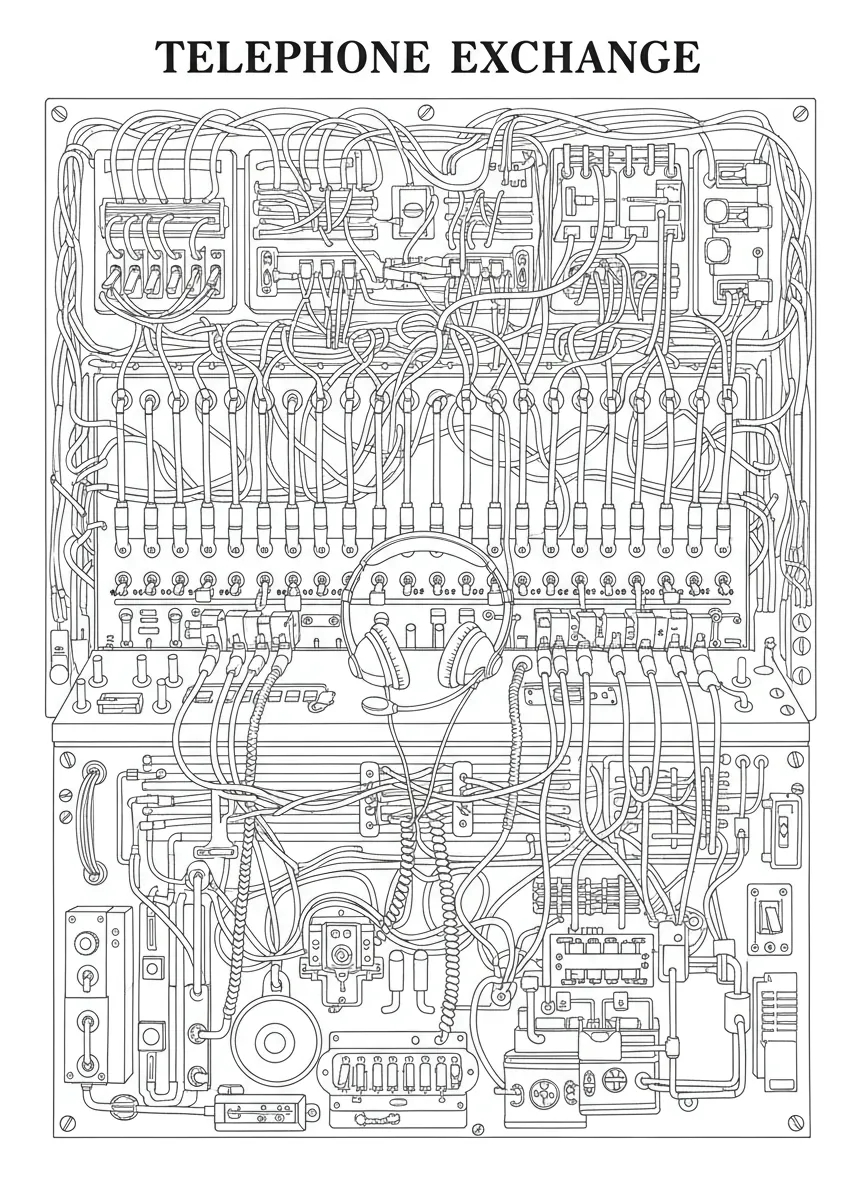 Coloriage adulte expert standard téléphonique vintage télécommunications ancien switchboard PDF